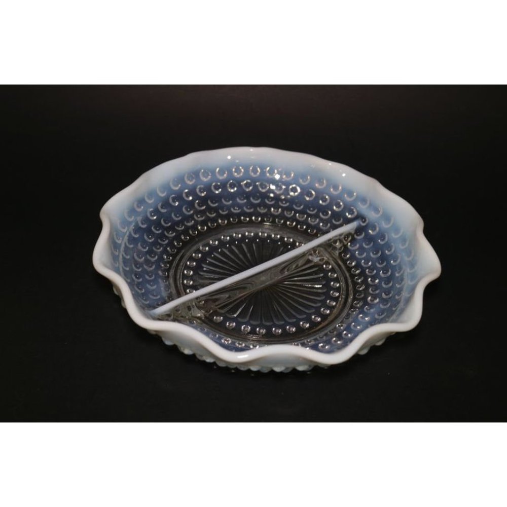 Anchor Hocking Fenton Style Hobnail Opalescent Moonstone Divided Glass Dish